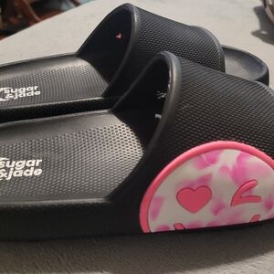 Black and Pink Slide Sandals